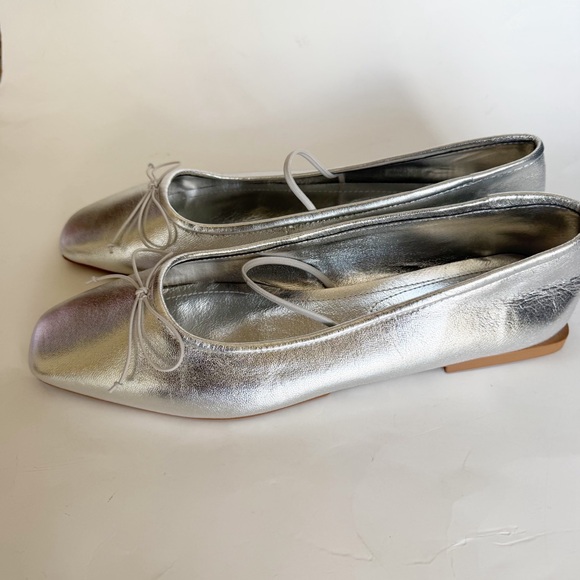 Zara Silver Metallic Square Toe Ballet Flats Balletcore Size 40 - Picture 4 of 5